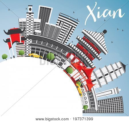 Xian Skyline with Gray Buildings, Blue Sky and Copy Space. Business Travel and Tourism Concept with Historic Architecture. Image for Presentation Banner Placard and Web Site.