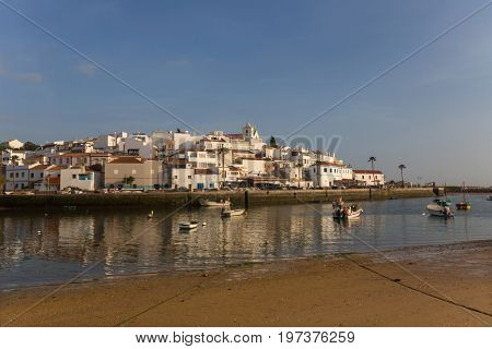 FERRAGUDO, PORTUGAL - APRIL 24, 2017: Picturesque view of Ferragudo fishing village in Algarve, Portugal