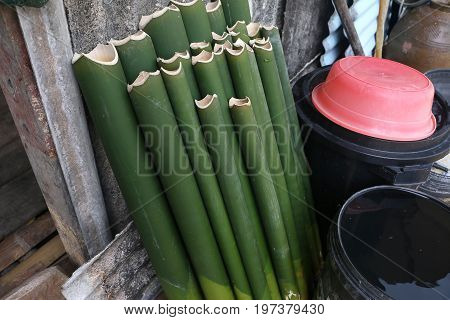 Cutted bamboo stem for cooking traditional food of Sarawak in Borneo, Manok Pansoh