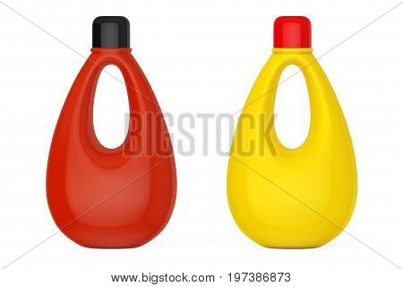 Multicolour Blank Plastic Bottles for Bleach Liquid Laundry Detergent or Fabric Softener on a white background. 3d Rendering.