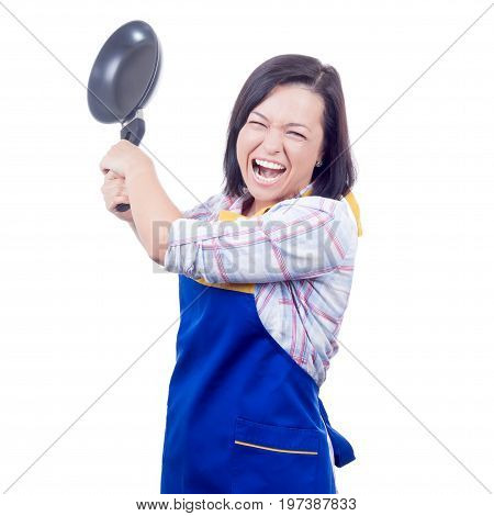 Anger Fury and Rage Young Woman with Frying Pan on a white background
