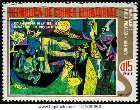 Moscow Russia - July 27 2017: A stamp printed in Equatorial Guinea shows painting 