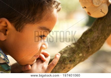 Mixed race ittle boy and his stuffed animal.