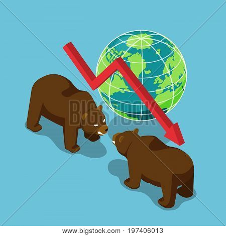 Isometric Bears Fighting With World And Falling Graph.