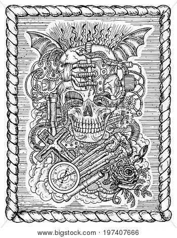 Black and white mystic drawing with scary skull, steampunk and gothic symbols as rose, demon wings, cross, cogs and wheels in frame. Occult and esoteric vector illustration, engraved background