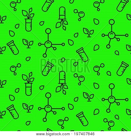 Vector seamless pattern with black plants leaves and molecules on bright green backdrop. Agricultural background. Fertilizer illustration. Can be used for print on clothes package banner wrapping paper. EPS10.