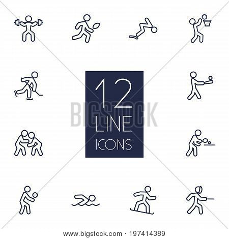 Collection Of Puck, American Football, Swordplay And Other Elements.  Set Of 12 Fitness Outline Icons Set.