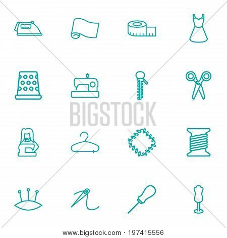 Collection Of Hanger, Patch, Tailor And Other Elements.  Set Of 16 Stitch Outline Icons Set.