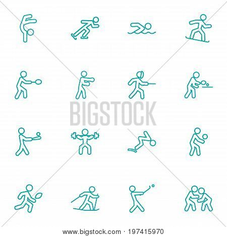 Collection Of Swordplay, Pong Ping, Batting And Other Elements.  Set Of 16 Sport Outline Icons Set.