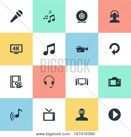 Elements Television, Musical Note, Begin And Other Synonyms Camera, Music And Note.  Vector Illustration Set Of Simple Multi Icons.