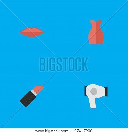 Elements Pomade, Lips, Dress And Other Synonyms Garment, Pomade And Kiss.  Vector Illustration Set Of Simple Fashion Icons.