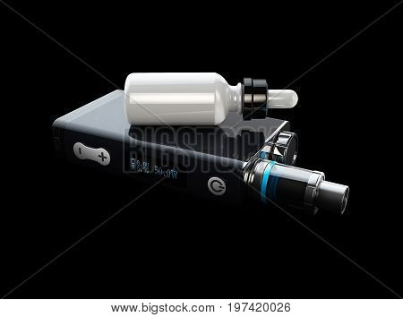3D Illustration Of Vape And Bottle With Aromatic Oil. Isolated Black