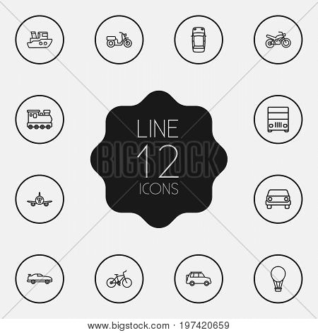 Collection Of Train, Front View, Airplane And Other Elements.  Set Of 12 Transport Outline Icons Set.