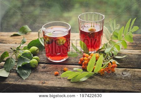 Vitamin tea with red mountain ash and green wounds on a wooden background