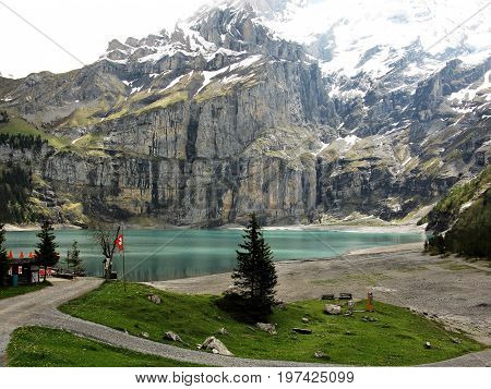 Scenic view of Blausee lake near Kandersteg, Switzerland