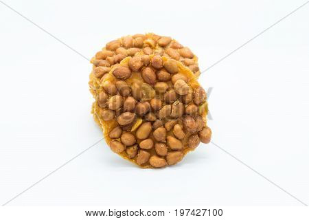 Deep fried sweet peanut on white background