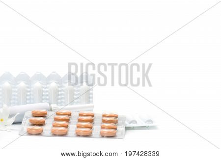 Medicine for treatment hemorrhoids rectal suppositories rectal ointment tablets isolated on white background