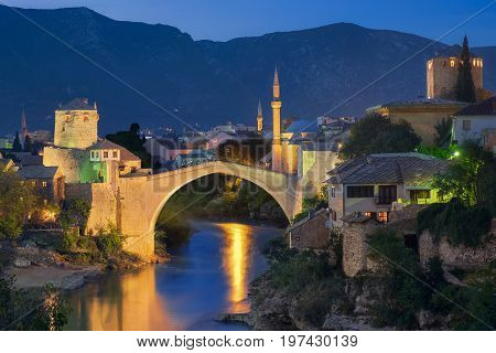 View of the mostar Bridge at Sunset Time