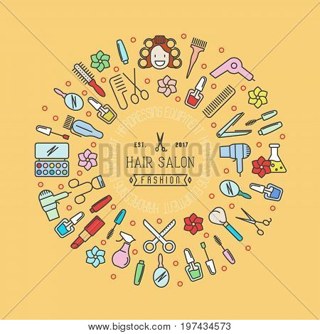 Hair salon concept in circle with thin line icons related to haircut, hair styling, make up. Vector illustration for banner, logo, web page.