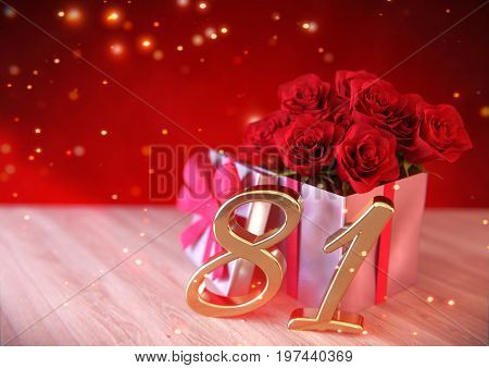 birthday concept with red roses in gift on wooden desk. 3D render - eighty-first birthday. 81st