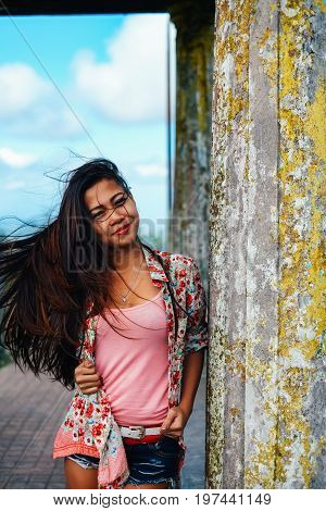 Beautiful Asian woman Young Asian girl portrait smiling. summer hiking in the mountain park tagaytay Philippines