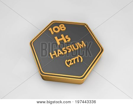 Hassium - Hs - chemical element periodic table hexagonal shape 3d render