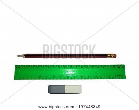 Simple eraser pencil and ruler isolated on white background