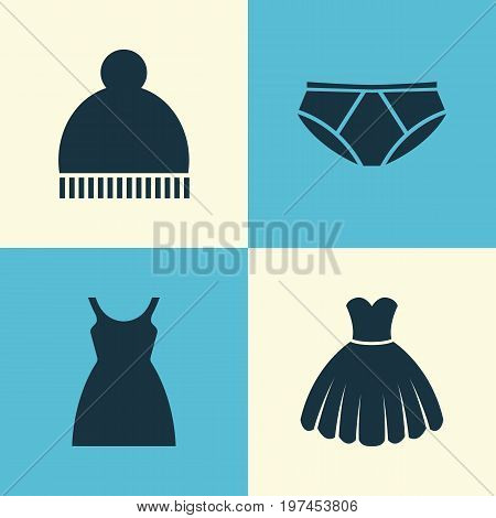 Garment Icons Set. Collection Of Beanie, Dress, Briefs And Other Elements