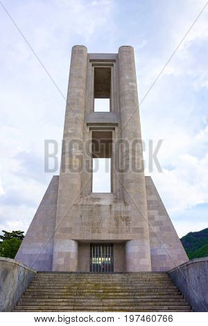Como, Italy - May 01, 2017: Monumento ai Caduti war memorial by rationalist architects Antonio Sant Elia and Giuseppe Terragni at Como, Italy on May 01, 2017