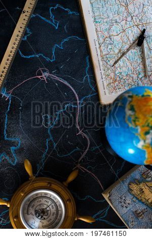 Globe on a black matte background with lights