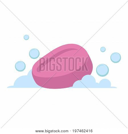Vector cartoon flat style pink oval soap vector icon. Blue bubbles. Stylized bath accessories isolated on white background.