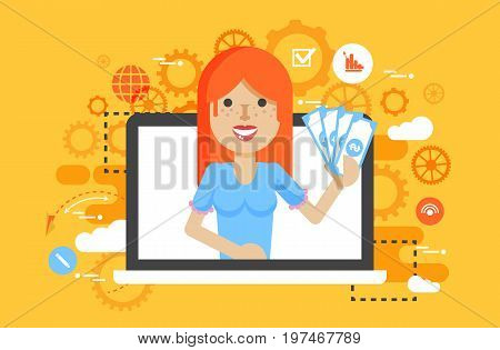 Stock vector illustration woman money in hand design element financial education, banking, deposit, win, earning, income, saving discount, online marketing management flat style yellow background icon