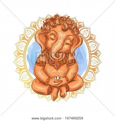 Cute toddler Lord Ganesha holds a lotus - isolated vector illustration. Indian Festival of Ganesh Chaturthi. Ganesha -Ganapati.