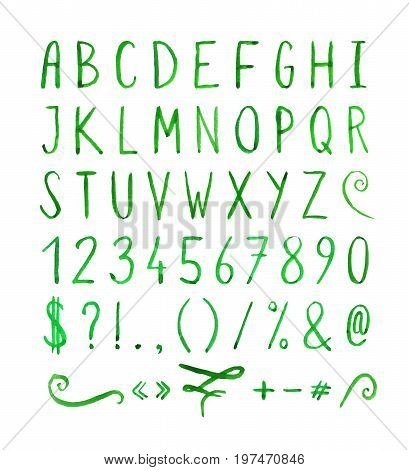Hand drawn green watercolor font with punctuation marks on white background. Font contains question mark, exclamation point, period, comma, dash, hyphen, bracket, parenthesis. Vector illustration.