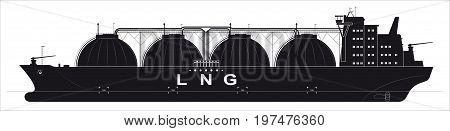 Black silhouette of a huge ocean tanker for liquefied gas. Traced details.