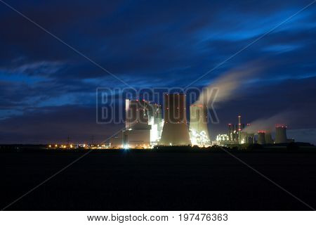 Power station near Grevenbroich at night in long exposure