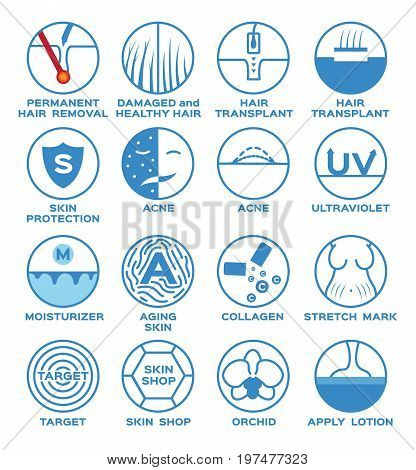 health and skin icon vector / hair removal transplant damaged healthy protection acne ultraviolet moisturizer aging collagen stretch mark target shop orchid lotion