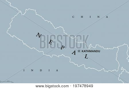 Nepal political map with capital Kathmandu. English labeling. Federal democratic republic and landlocked central Himalayan country in South Asia bordering China and India. Gray illustration. Vector.