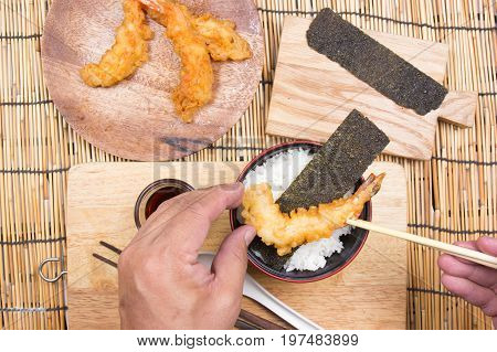 Chef decorated tempura on rice / Cooking Tempura concept