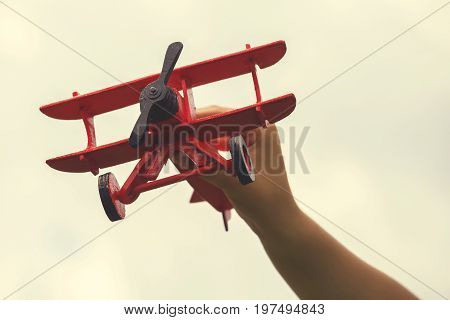 Child Hand Holding Wooden Handmade Airplane