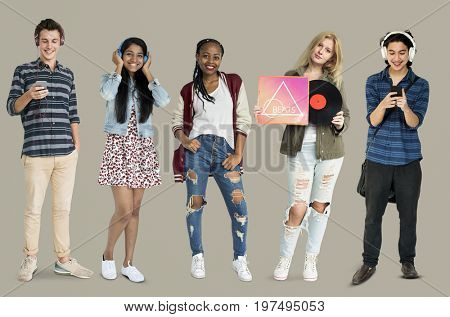 Group of Diverse Young Adult People Enjoy Music Set Studio Isolated