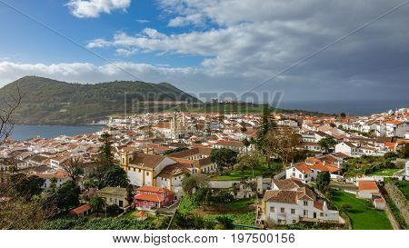 Wide angle view of Angra do Heroismo city in Terceira Island, Azores