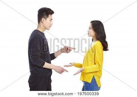 quarreling young asian couple isolated on white background.