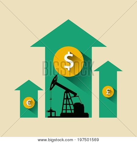 Oil Industry Concept. Oil Price Growing Up Arrow With Petroleum Pump And Dollar, Pound, Euro Coin.
