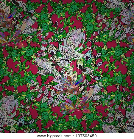 Multicolo Elegant Little Flowers And Funny Bugs On A Colored Background Vector Texture Illustration.