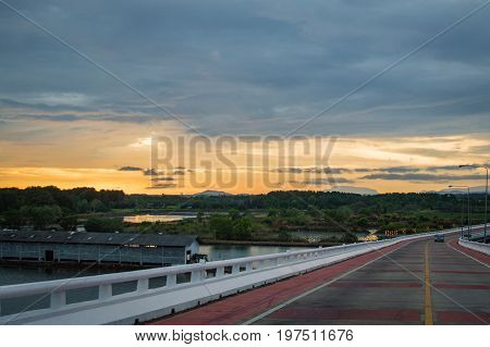 Beautiful Panorama View Of Sunset Background In The Countryside Of Thailand.