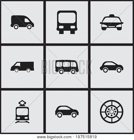 Set Of 9 Editable Shipment Icons. Includes Symbols Such As Van, Hatchback, Car Vehicle And More