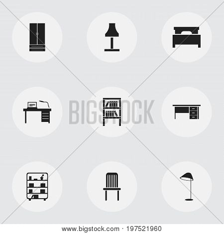 Set Of 9 Editable Furnishings Icons. Includes Symbols Such As Interior, Bookshelf, Bookrack And More