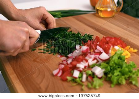Close up of woman's hands cooking in the kitchen. Housewife slicing fresh salad. Vegetarian and healthily cooking concept.