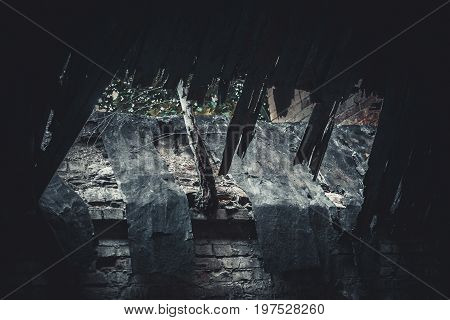 Old leaking roof from the inside close-up.